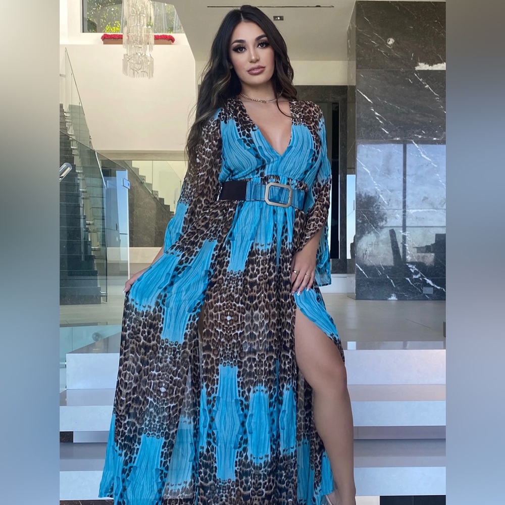 Belted maxi chiffon dress